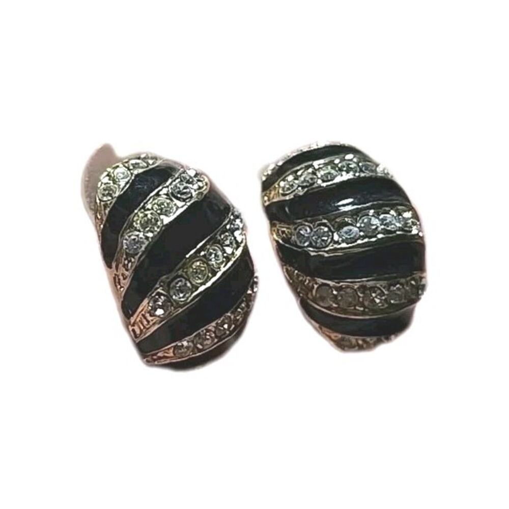 Vtg Silver Tone Black Enamel Rhinestone Old Hollywood Glam‎ Earrings Jewelry